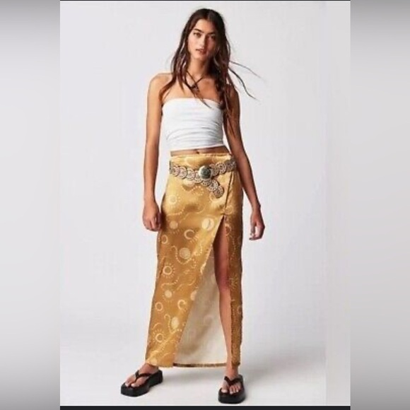 Free People Serena Slim Maxi Skirt Gold Brown Moon Sun Silky Satin sz 8 - Picture 1 of 9